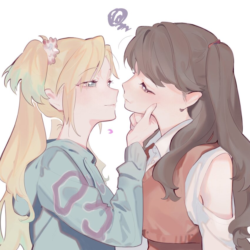 2girls, armpit_crease, blonde_hair, blue_eyes, blue_hair, blue_hoodie, brown_hair, casual