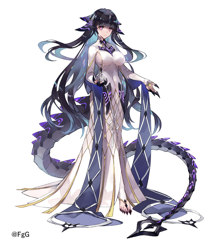 aqua_hair, black_hair, black_nails, breasts, claybelle, colored_inner_hair, covered_navel, da-kuro, ta_ga_tame_no_alchemist, dragon_girl, dragon_tail, dress, floating_hair, full_body, long_hair, looking_at_viewer, multicolored_hair, official_art, pink_eyes, second-party_source, simple_background, skin_tight, solo, standing, tail, transparent_background, white_dress