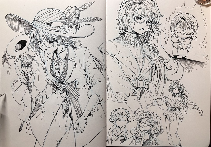 ..., 2girls, :3, :d, ^_^, absurdres, adjusting_eyewear, arms_up