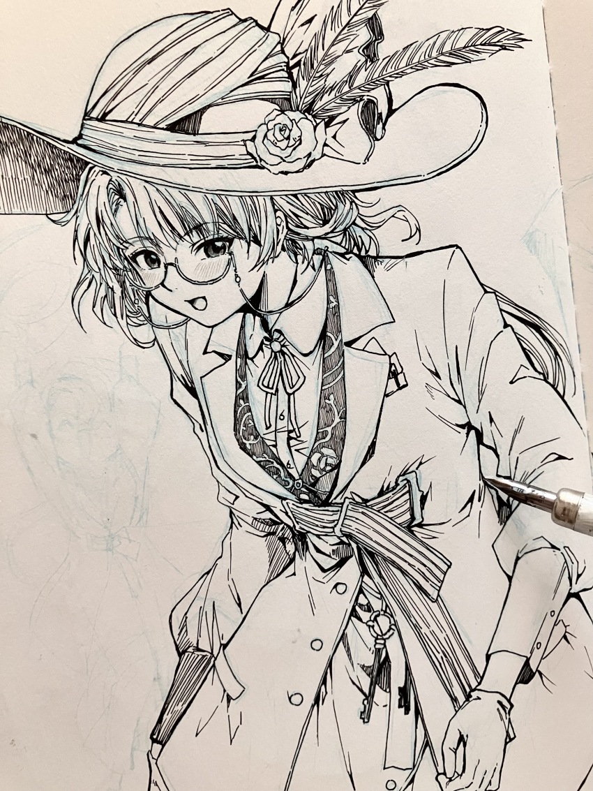 1girl, :d, absurdres, art_tools_in_frame, bai_wuya_bu_he_naicha_yo, collared_shirt, eyewear_strap, flower