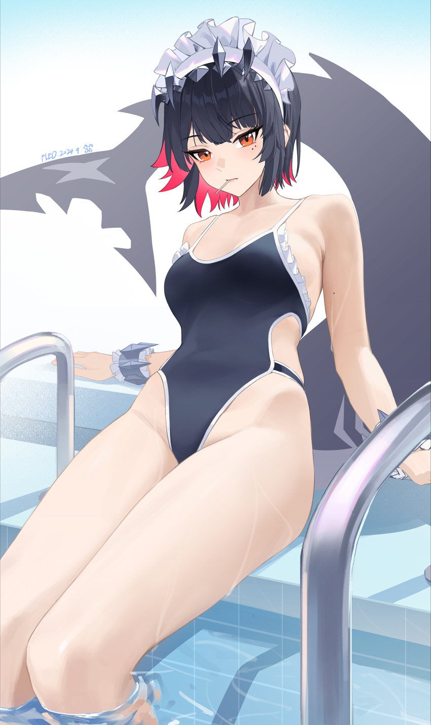 1girl, absurdres, black_hair, breasts, colored_inner_hair, ellen_joe, fins, fish_tail