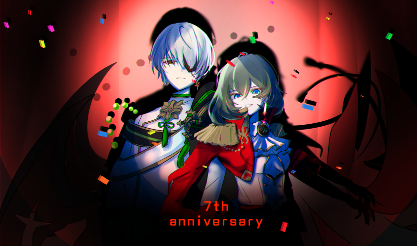 1boy, 1girl, absurdres, aisha_(shironeko_project), ascot, black_hair, blue_eyes, breasts