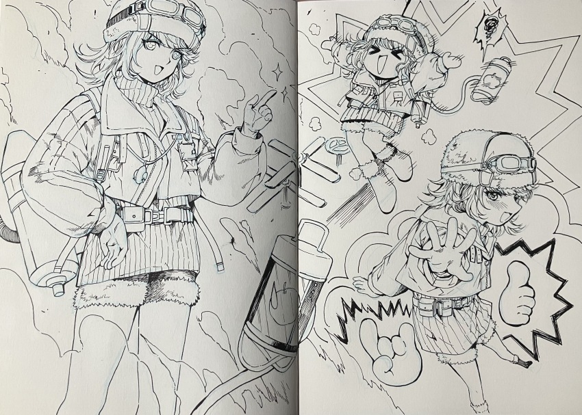 >_<, 1girl, :d, \n/, absurdres, apple, apple_(reverse:1999), arm_up