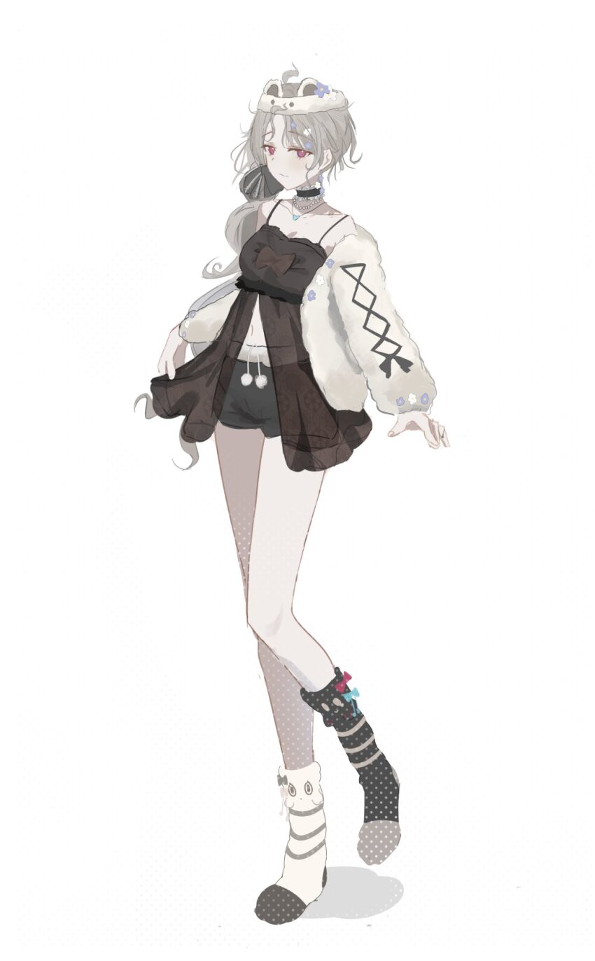 1girl, ahoge, babydoll, black_babydoll, blush, breasts, flower, full_body