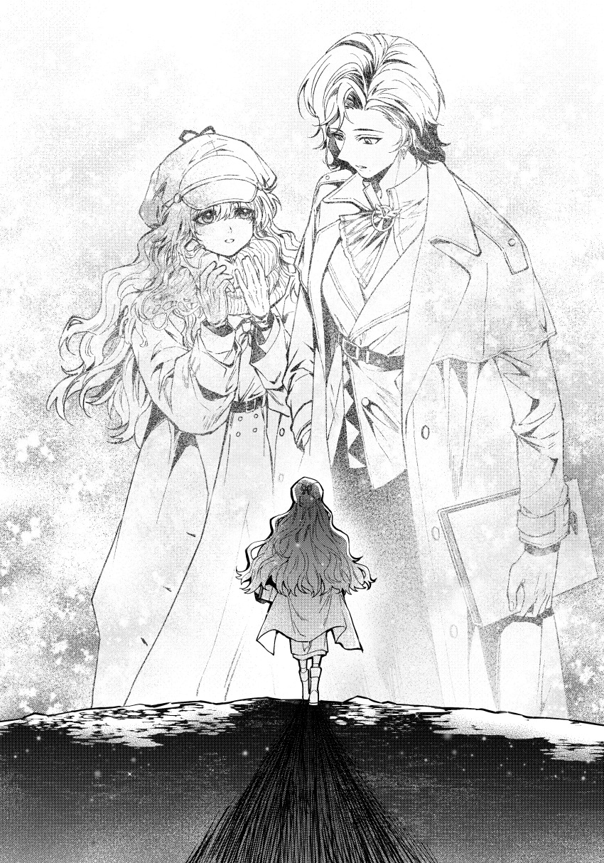 2girls, :o, absurdres, ascot, bai_wuya_bu_he_naicha_yo, belt, newsboy_cap, coat