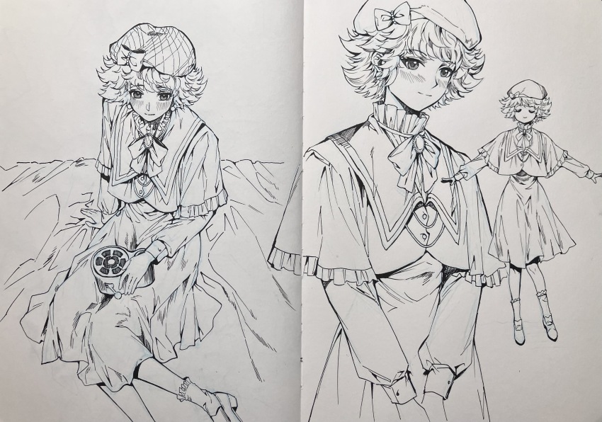 1girl, absurdres, arm_support, bai_wuya_bu_he_naicha_yo, bed_sheet, beret, bow, bowtie