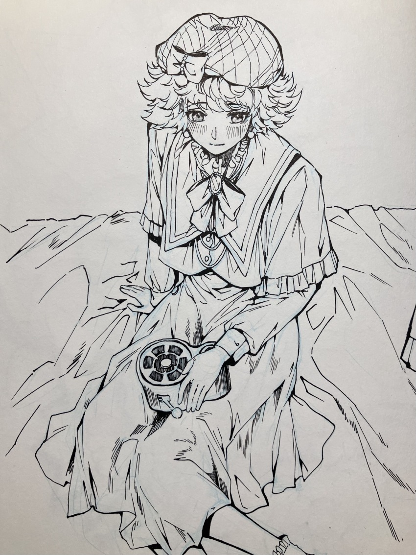 1girl, absurdres, arm_support, bai_wuya_bu_he_naicha_yo, bed_sheet, beret, bow, bowtie, cloak, device, feet_out_of_frame, frilled_socks, frills, hat, hat_bow, highres, lineart, long_skirt, long_sleeves, looking_ahead, mesmer_jr., official_alternate_costume, on_bed, pen_(medium), photo_(medium), reverse:1999, shirt, short_hair, sitting, skirt, smile, socks, solo, traditional_media, yokozuwari