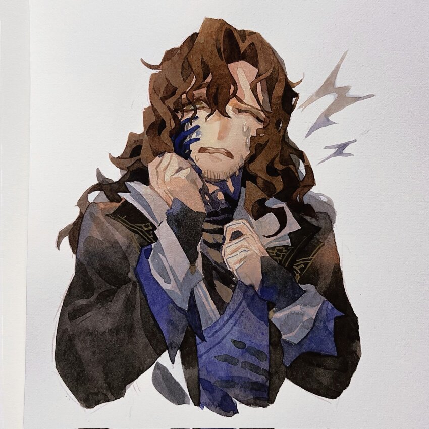 1boy, ;o, beard_stubble, black_jacket, black_shirt, brown_eyes, brown_hair, chuyhalfmoon