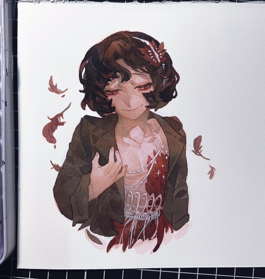 1girl, black_coat, black_hair, breasts, chuyhalfmoon, coat, cropped_torso, dress