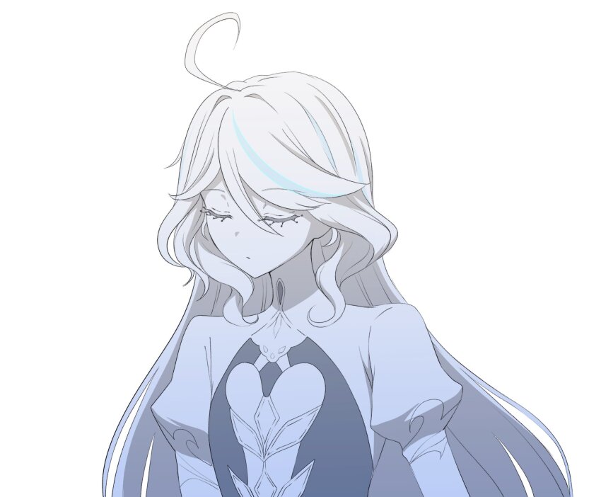 1girl, ahoge, antenna_hair, blue_hair, closed_eyes, commentary_request, dress, focalors_(genshin_impact), furina_(genshin_impact), genshin_impact, highres, light_blue_hair, long_hair, maruga-2000, multicolored_hair, simple_background, solo, streaked_hair, upper_body, white_background