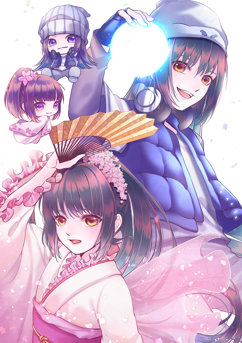 1girl, 3boys, arm_up, beanie, beat_jumper, black_gloves, blue_vest, brown_eyes