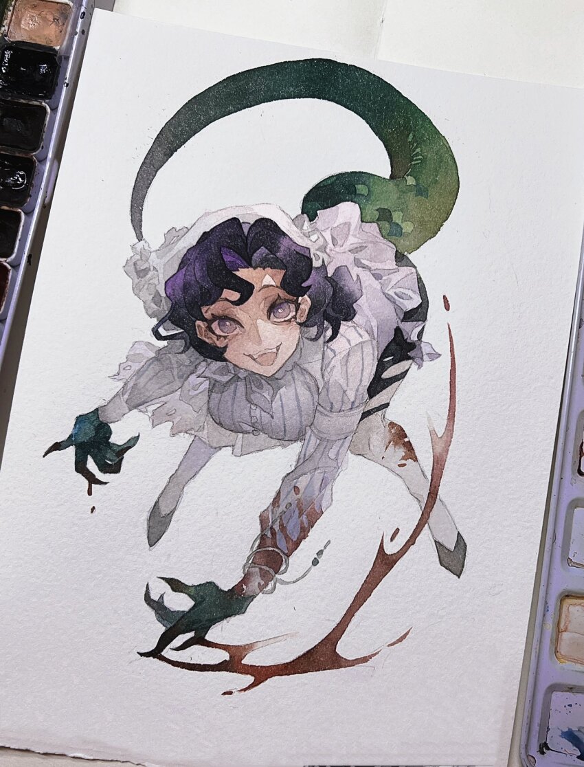 1girl, :d, anjo_nala, black_footwear, black_hair, black_skirt, blood_on_sleeves, chuyhalfmoon