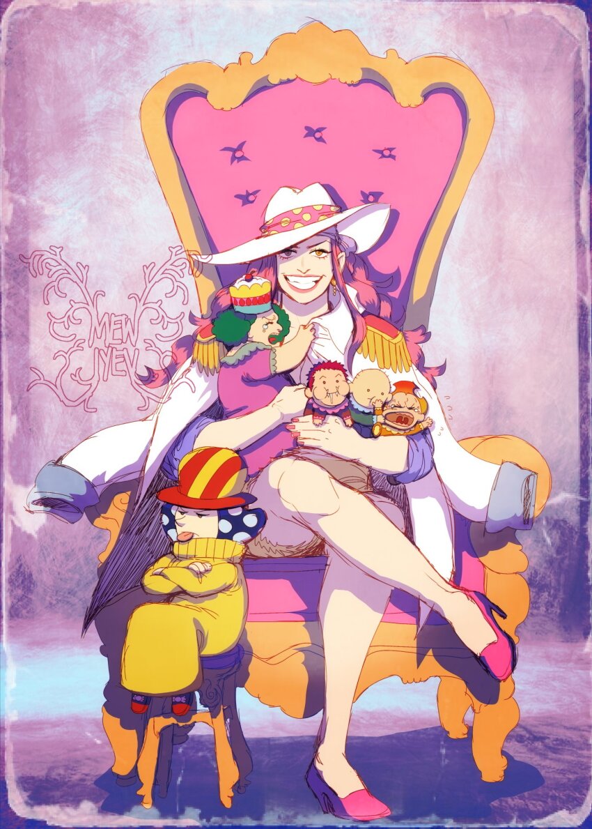 2girls, 4boys, artist_logo, baby, bald, blue_hair, carrying, carrying_baby