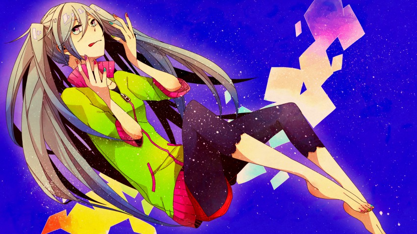 1girl, :d, bad_feet, bad_id, bad_pixiv_id, barefoot, female_focus, green_eyes