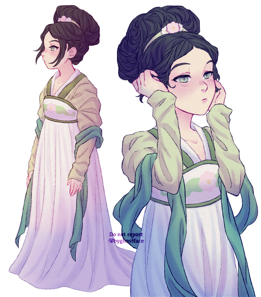 1girl, aged_down, arms_up, artist_name, avatar:_the_last_airbender, avatar_legends, black_hair, blind, blush, byghostface, collarbone, commentary, cowboy_shot, dress, english_commentary, full_body, green_sleeves, highres, japanese_clothes, long_sleeves, multiple_views, sleeves_past_wrists, toph_beifong, updo, white_background, white_dress