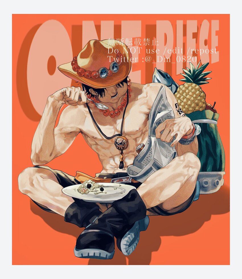 1boy, apple, bag, bead_necklace, beads, black_footwear, black_hair, black_shorts