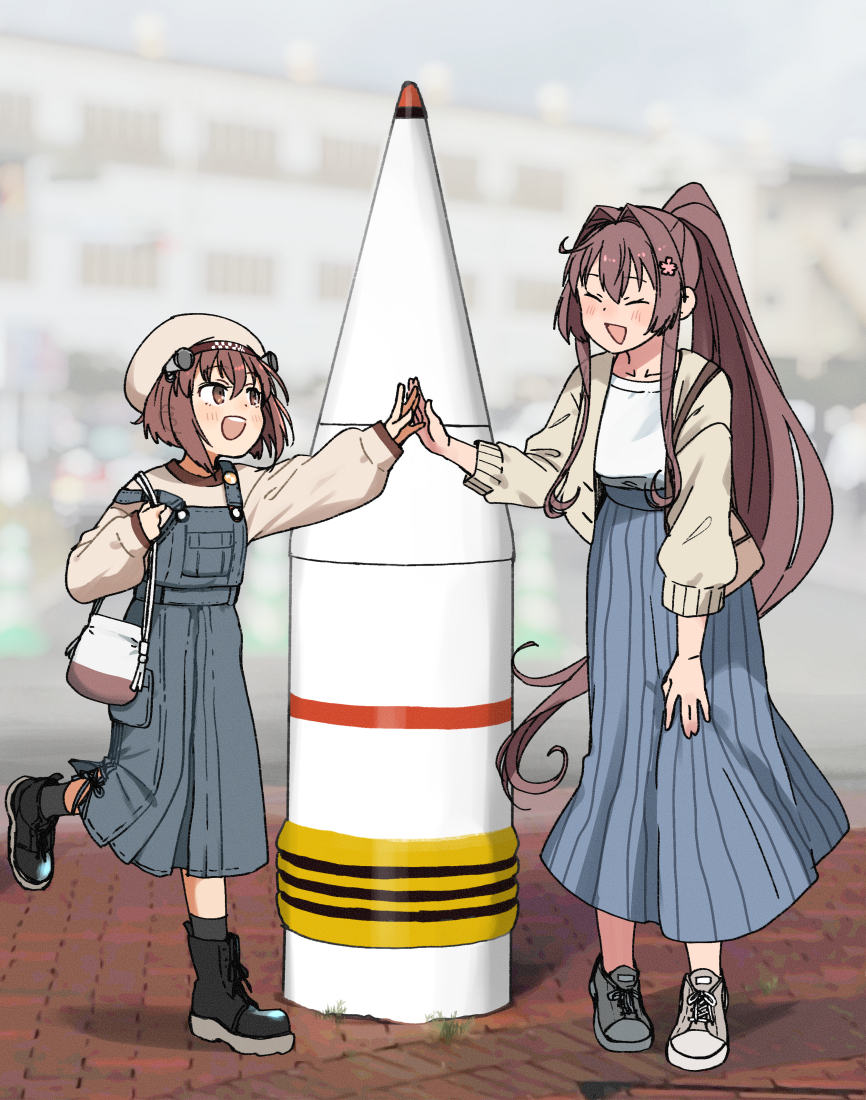 2girls, alternate_costume, ammunition, annin_musou, artillery_shell, bag, blue_skirt, blurry, blurry_background, blush, boots, brown_eyes, brown_hair, closed_eyes, commentary_request, flower, full_body, hair_between_eyes, hair_flower, hair_intakes, hair_ornament, hat, headgear, kantai_collection, leaning_forward, long_hair, long_sleeves, multiple_girls, off_shoulder, open_mouth, overall_skirt, pink_flower, ponytail, shirt, shoes, short_hair, sidelocks, skirt, sneakers, socks, standing, strap_slip, very_long_hair, yamato_(kancolle), yamato_(kure)_(kancolle), yamato_(kure_2024)_(kancolle), yukikaze_(kancolle), yukikaze_(kure_2024)_(kancolle)