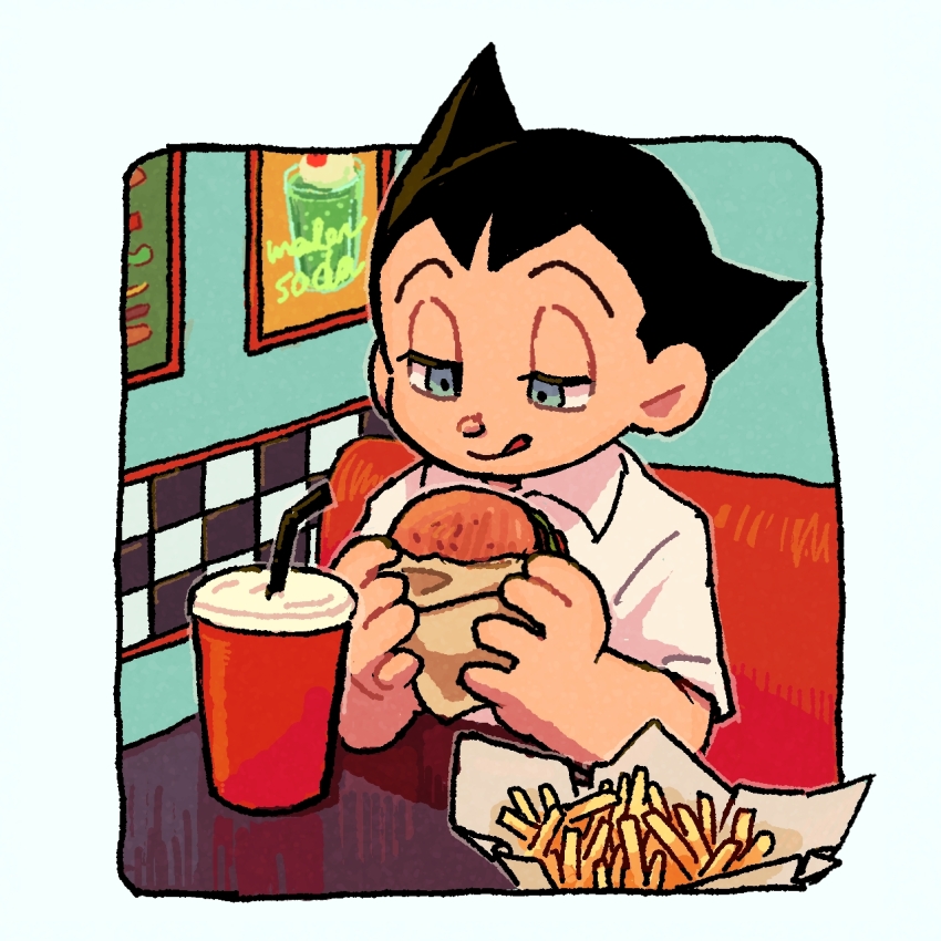 1boy, atom_(tetsuwan_atom), black_hair, blue_eyes, burger, commentary_request, cup, disposable_cup