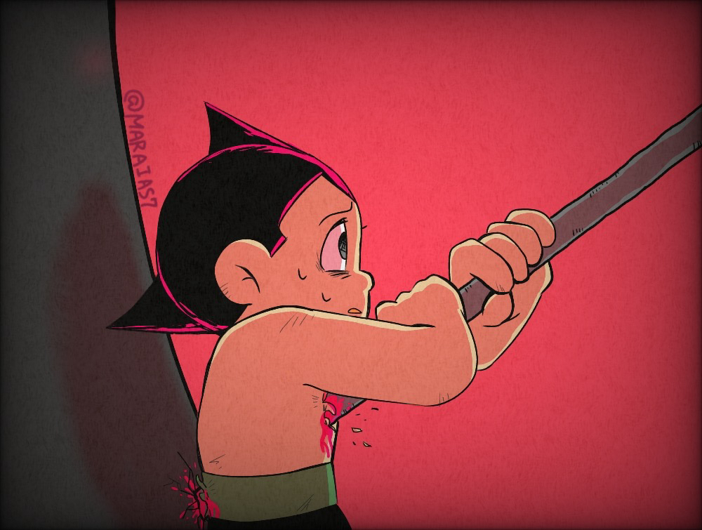 1boy, atom_(tetsuwan_atom), black_hair, blood, commentary_request, from_side, grey_eyes, impaled