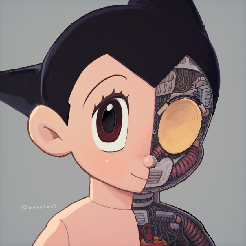 1boy, android, artificial_eye, atom_(tetsuwan_atom), black_hair, brown_eyes, commentary_request, grey_background