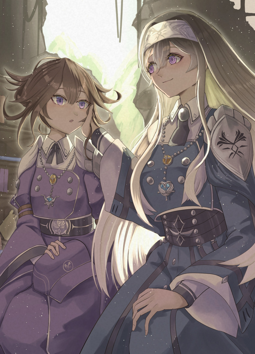 2girls, absurdres, blonde_hair, breasts, brown_hair, dress, duel_monster, exosister_irene