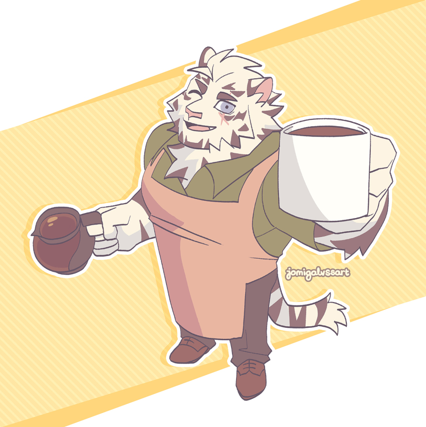 1boy, animal_ears, apron, arknights, artist_name, barista, black_pants, blue_eyes, brown_footwear, coffee, coffee_mug, coffee_pot, commentary, cross_scar, cup, english_commentary, facial_scar, fang, from_above, furry, furry_male, green_shirt, highres, holding, holding_cup, jomigalvssart, looking_at_viewer, looking_up, male_focus, mountain_(arknights), mug, one_eye_closed, open_mouth, pants, pink_apron, scar, scar_across_eye, scar_on_cheek, scar_on_face, shirt, smile, tail, tiger_boy, tiger_ears, tiger_stripes, tiger_tail
