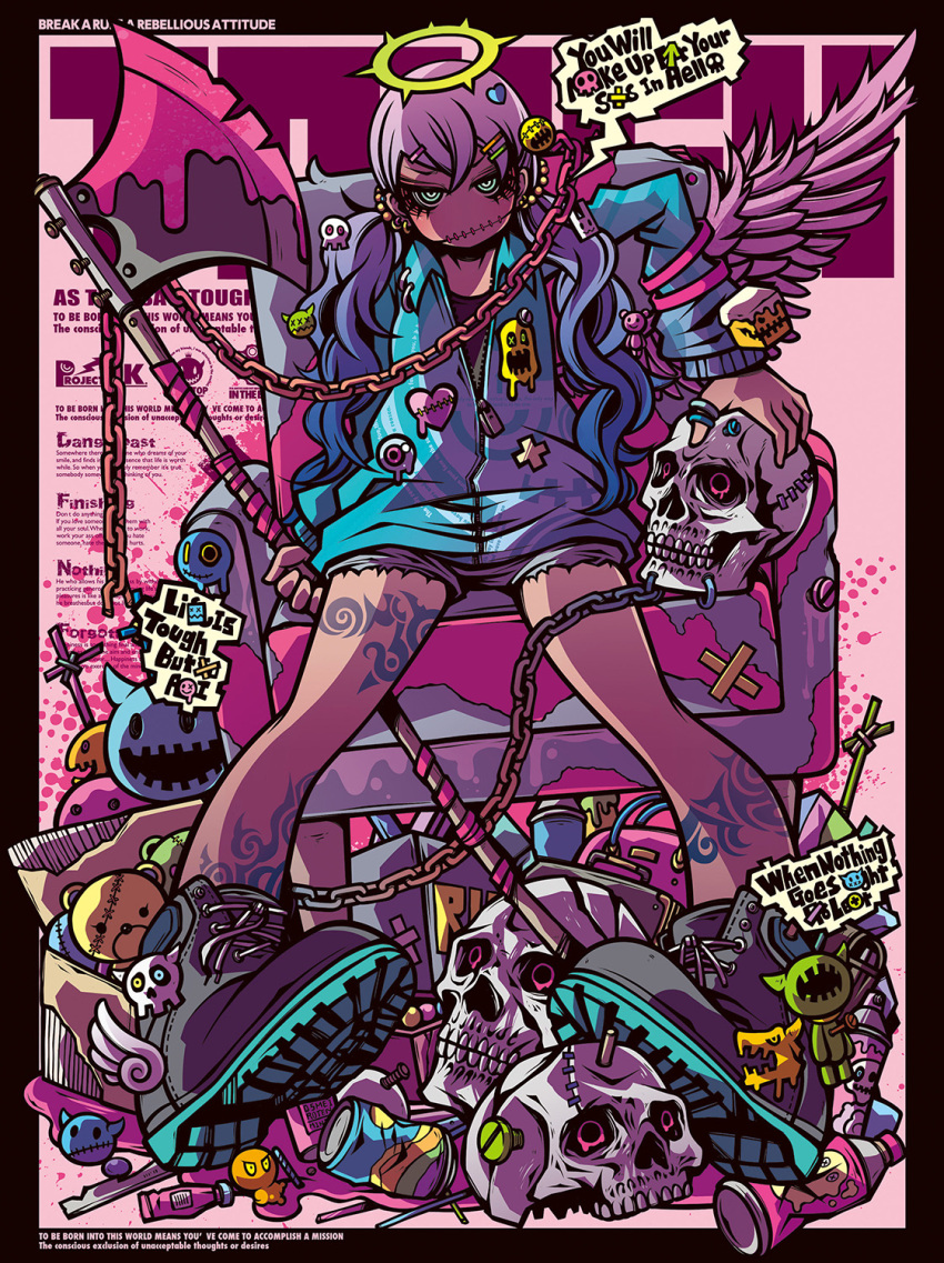1girl, absurdly_detailed_composition, alternate_weapon, angel, angel_wings, angels_(ensemble_stars!), bracelet, decora, english_text, engrish_text, hair_ornament, halo, highres, jewelry, no_nose, original, project.c.k., punk, ranguage, skull, skull_hair_ornament, stitched_mouth, stitches, streetwear, tattoo, thumb_ring, trash, twintails, weapon, wings