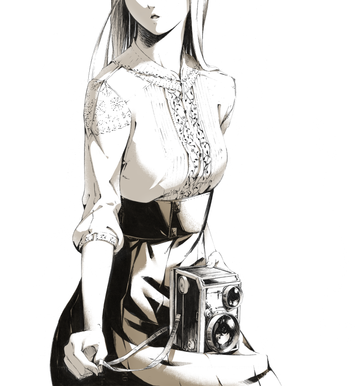 1girl, bad_id, bad_pixiv_id, breasts, camera, fashion, female_focus, floral_print