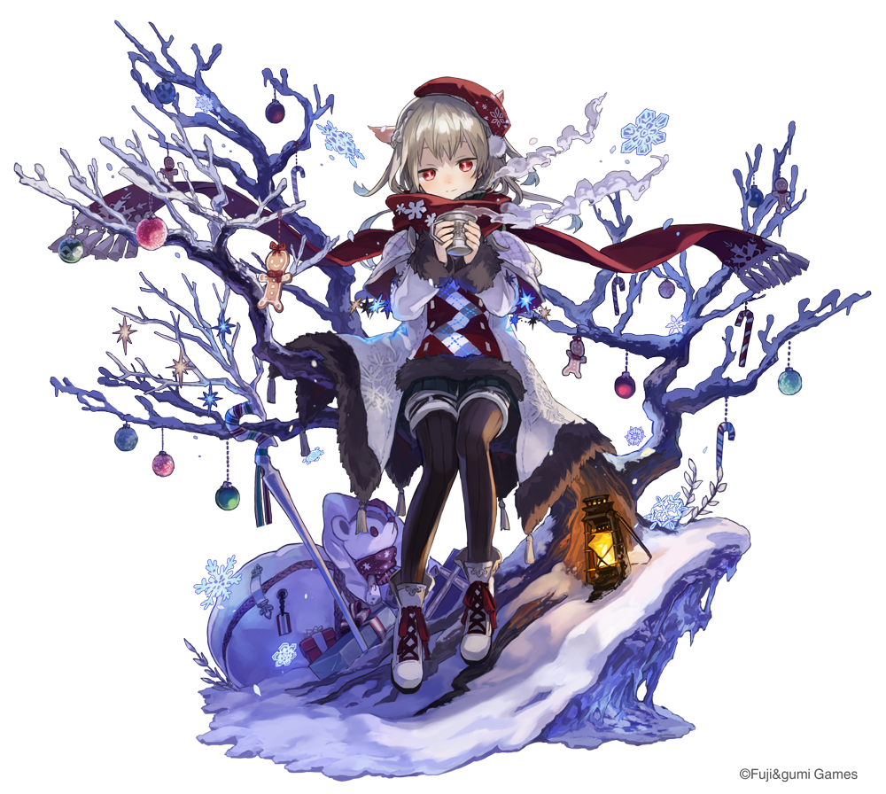 1girl, bare_tree, candy, candy_cane, christmas_ornaments, closed_mouth, coat, floating_scarf