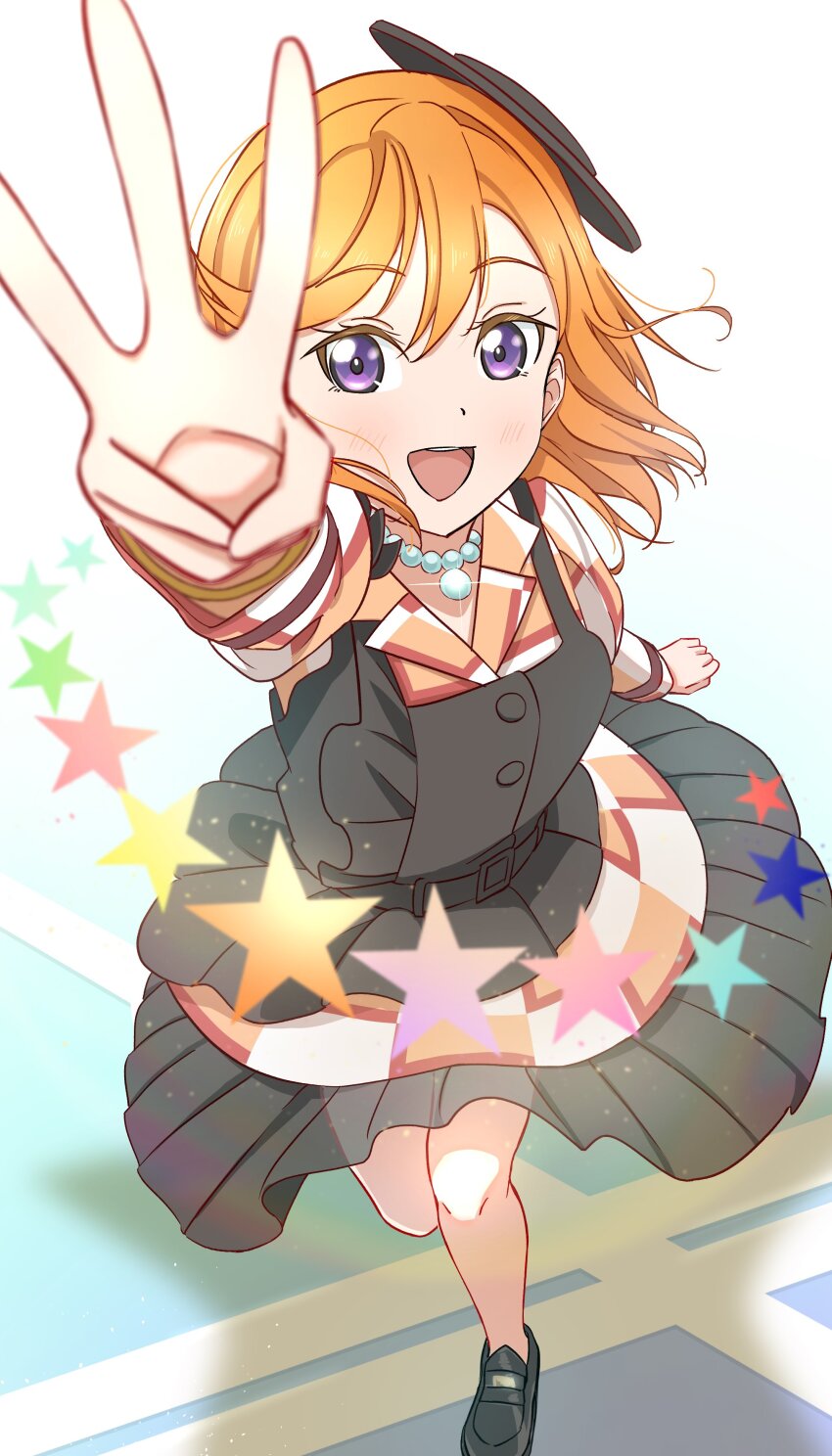 1girl, :d, absurdres, arm_up, black_dress, black_hat, black_shoes, blush