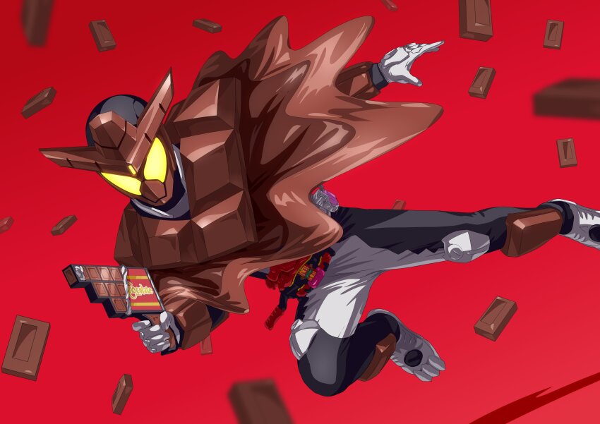 1boy, absurdres, armor, bodysuit, candy, chocodan_(brown_chocolate), chocodan_gochizou, chocodangun, chocolate, cowboy_hat, cowboy_western, food, full_body, gauntlets, gloves, glowing, grey_bodysuit, gun, hat, henshin_belt_gavv, highres, holding, holding_gun, holding_weapon, kamen_rider, kamen_rider_gavv, kamen_rider_gavv_(series), looking_at_viewer, male_focus, otokamu, red_background, rider_belt, simple_background, solo, tokusatsu, weapon, yellow_eyes