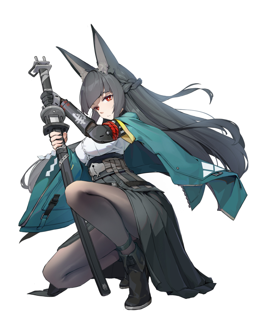 1girl, animal_ear_fluff, animal_ears, black_footwear, black_gloves, black_hair, black_pantyhose, black_skirt