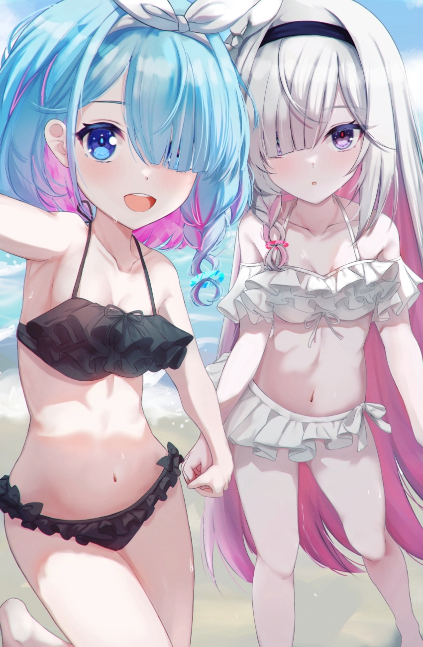 2girls, arona_(blue_archive), bare_shoulders, blue_archive, blue_eyes, blue_hair, grey_eyes, highres, multicolored_hair, multiple_girls, plana_(blue_archive), swimsuit, two-tone_hair, umidemi, white_hair