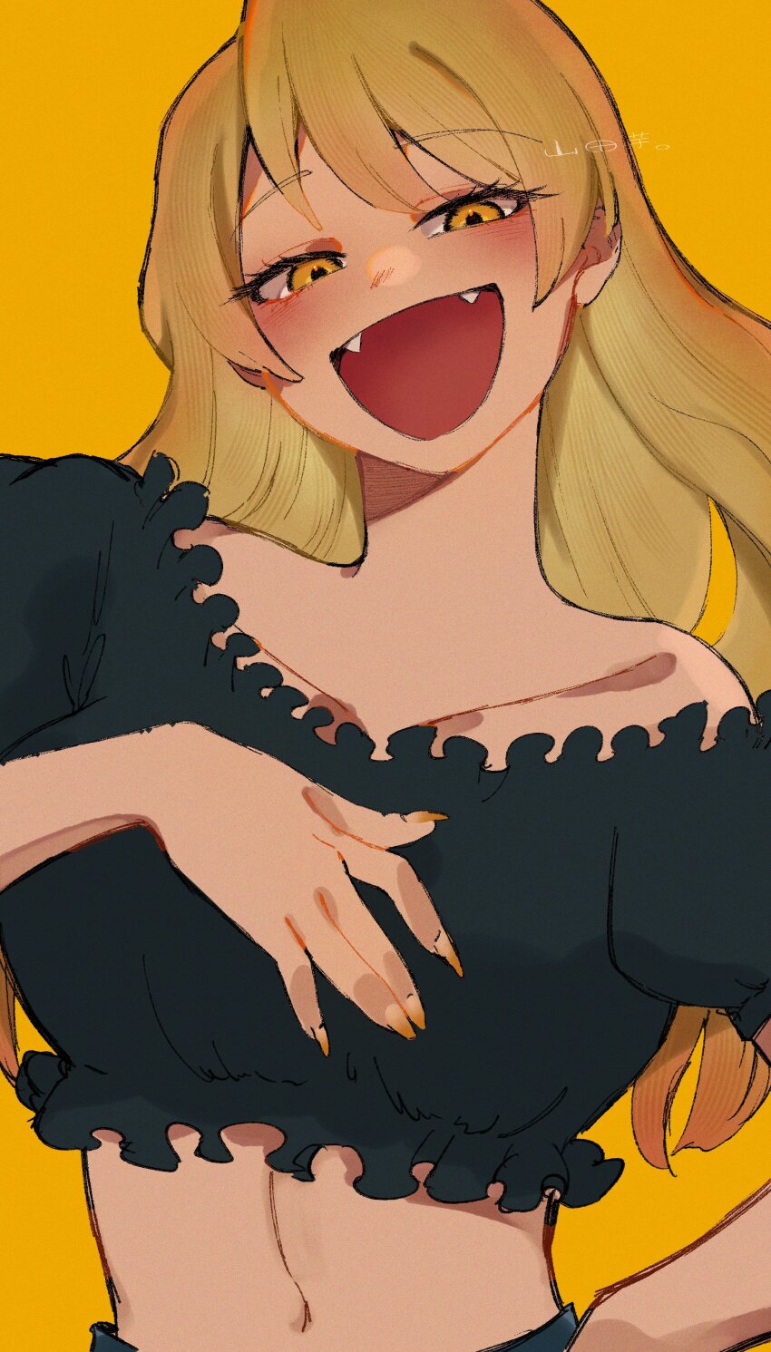 1girl, :d, absurdres, black_shirt, blonde_hair, blush, breasts, collarbone, commentary, crop_top, cropped_shirt, fangs, fingernails, frilled_shirt, frills, futsuu_no_keion-bu, hand_on_own_chest, hand_on_own_hip, highres, imudegozaimasu, long_hair, looking_at_viewer, navel, open_mouth, puffy_short_sleeves, puffy_sleeves, raised_eyebrows, sharp_fingernails, shirt, short_sleeves, signature, simple_background, single_bare_shoulder, smile, solo, tatsumi_reiha, upper_body, yellow_background, yellow_eyes, yellow_nails