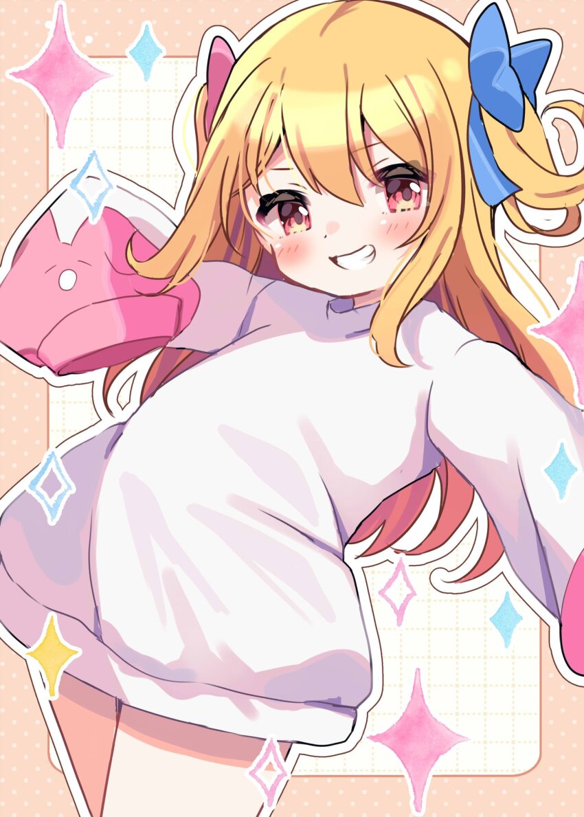 aged_down, blonde_hair, blue_bow, blush, border, bow, cowboy_shot, double-parted_bangs