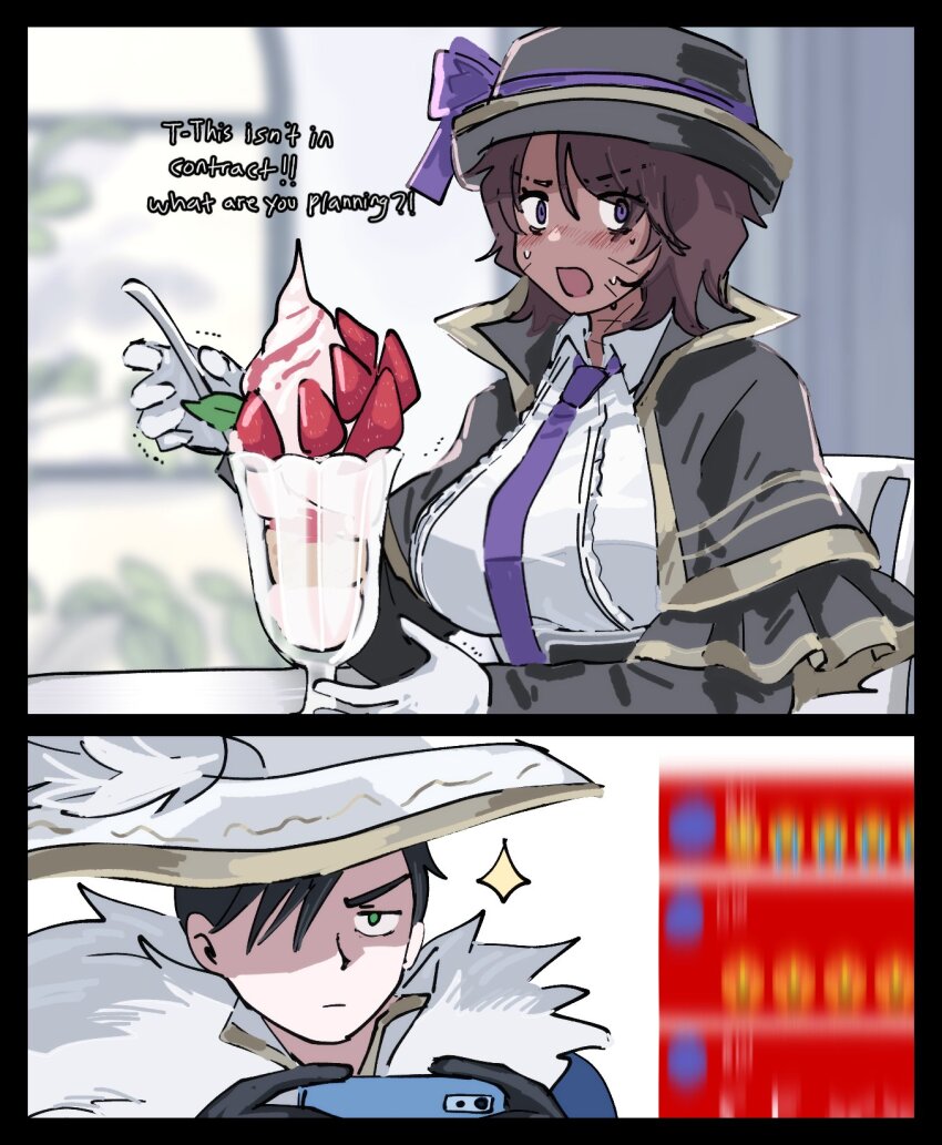 1boy, 1girl, black_gloves, blurry, blurry_background, blush, bow, breasts, brown_hair, capelet, collared_shirt, dark-skinned_female, dark_skin, english_text, food, genderswap, genderswap_(mtf), gloves, green_eyes, hair_over_one_eye, heathcliff_(project_moon), highres, holding, holding_phone, large_breasts, limbus_company, long_sleeves, looking_at_viewer, meursault_(project_moon), necktie, ngancurindunia, one_eye_covered, open_mouth, oufi_association_south_uniform, parfait, phone, project_moon, purple_bow, purple_eyes, purple_necktie, scar, shirt, short_hair, strawberry_parfait, sweat, trembling, white_gloves, white_shirt