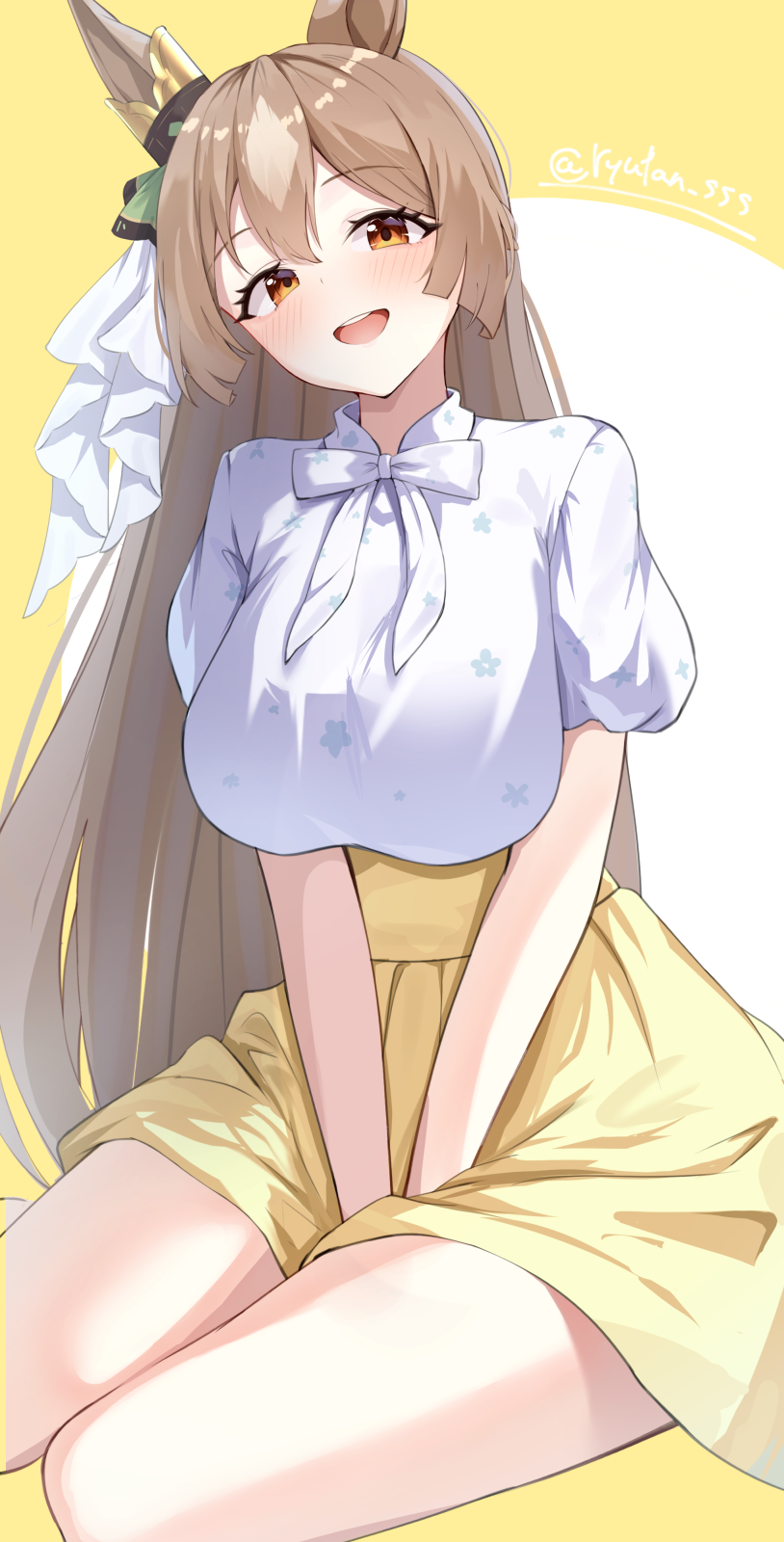 1girl, animal_ears, bare_legs, blush, breasts, brown_eyes, brown_hair, commentary