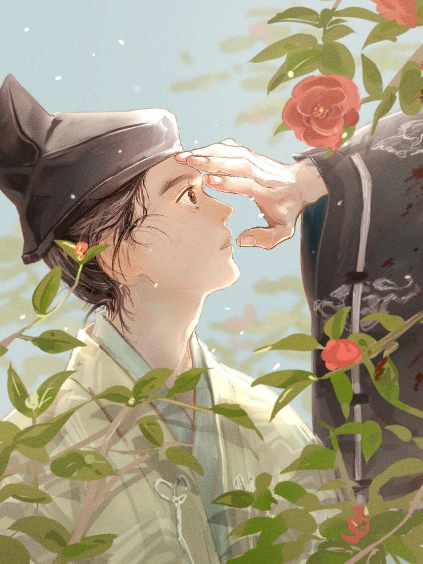 2boys, blood, blood_on_clothes, brown_eyes, day, father_and_child, father_and_son, flower