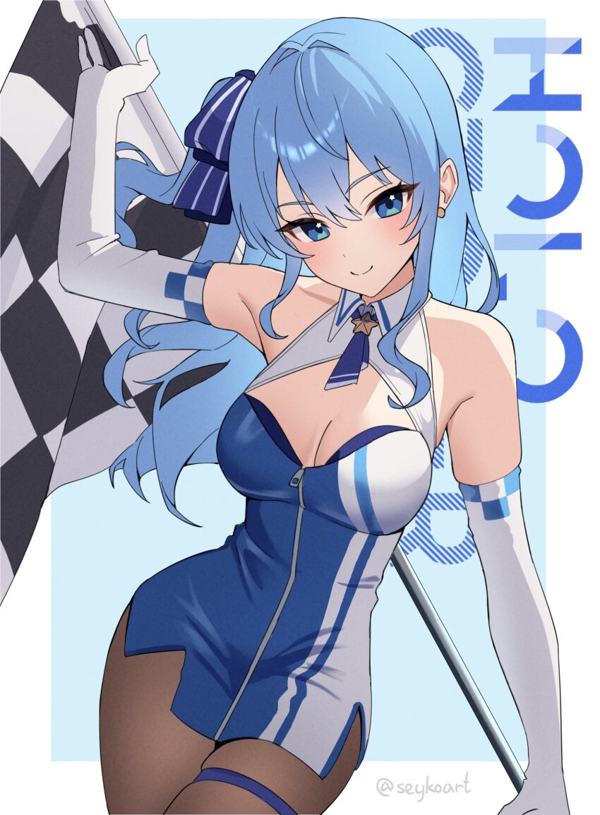 1girl, alternate_breast_size, alternate_costume, arm_up, asymmetrical_sidelocks, blue_dress, blue_eyes, blue_hair
