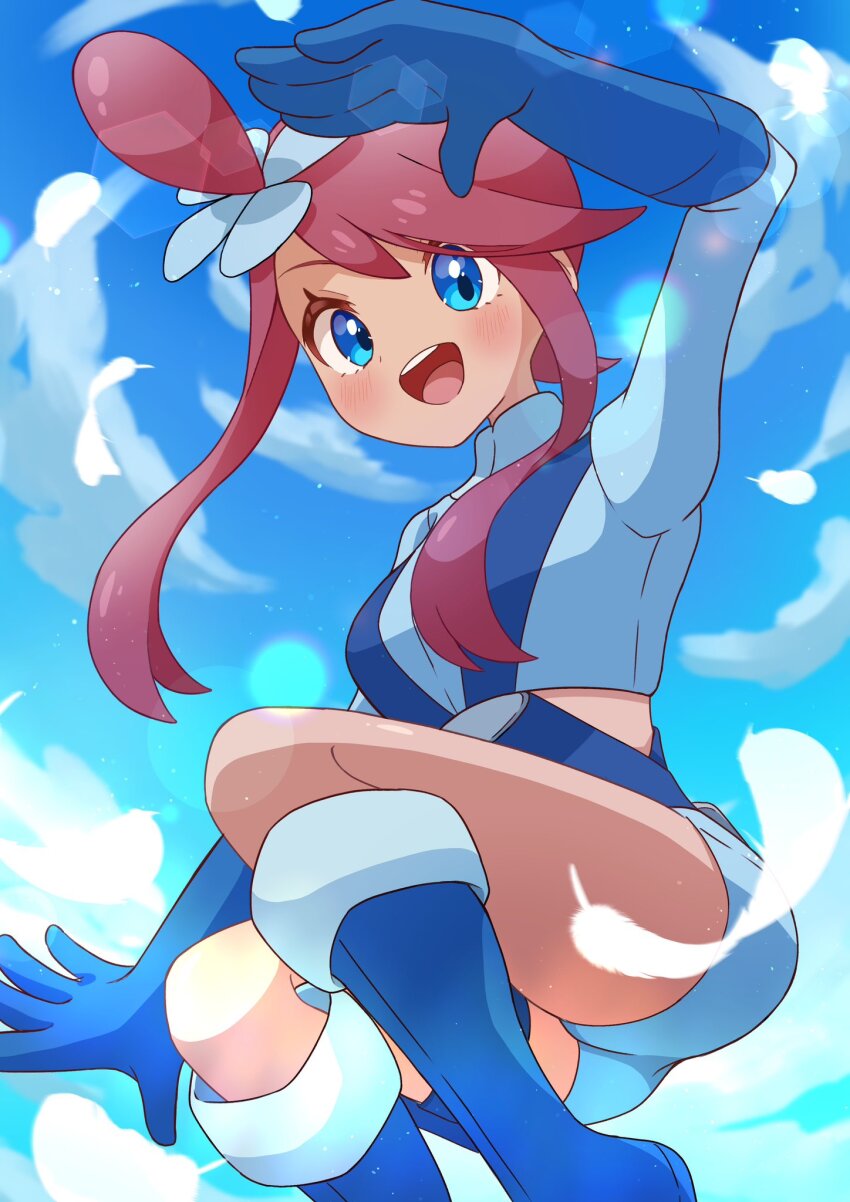 1girl, ass, blue_eyes, blue_footwear, blue_gloves, blue_shorts, breasts, crop_top