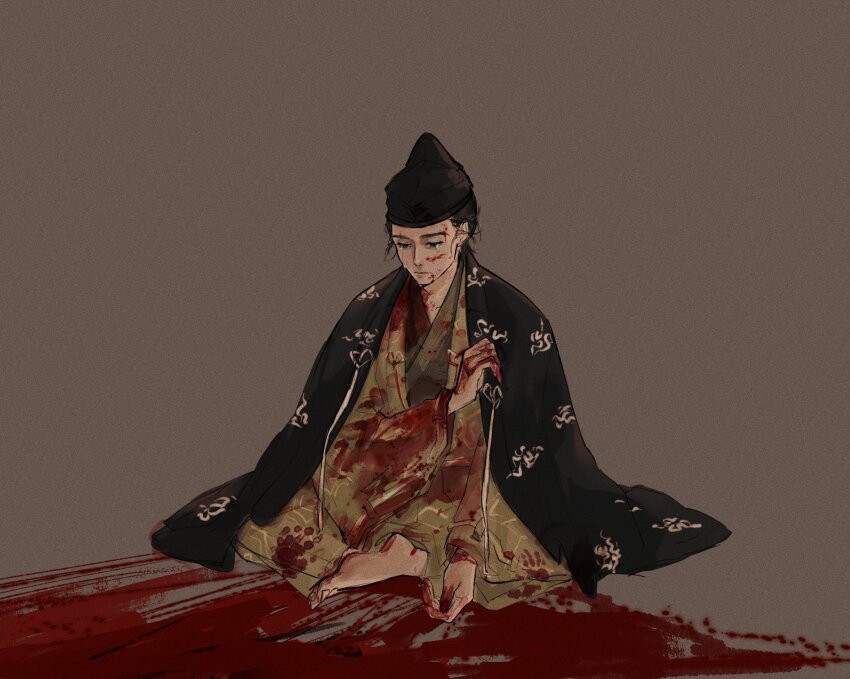 blood, blood_on_clothes, blood_on_face, blood_on_ground, blood_on_hands, crossed_legs, highres, houjou_yoshitoki_(kamakura-dono_no_13-nin)_(young)
