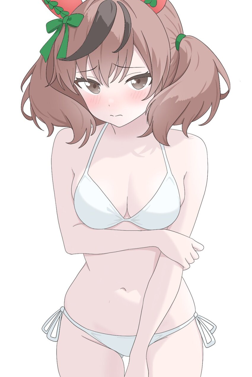 1girl, alternate_costume, animal_ears, bikini, breasts, brown_eyes, brown_hair, cleavage