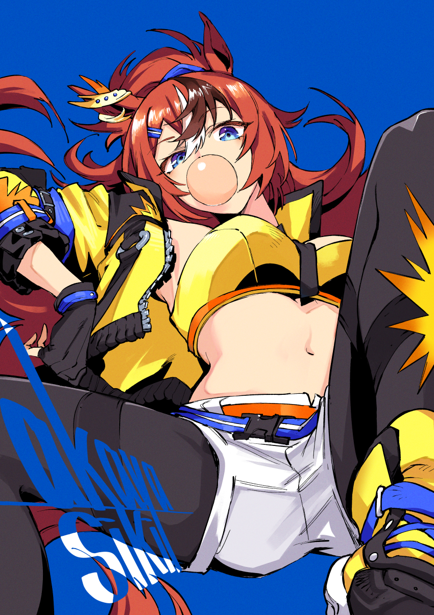 1girl, absurdres, akaya_shiki, animal_ears, black_pants, blue_background, blue_eyes, breasts