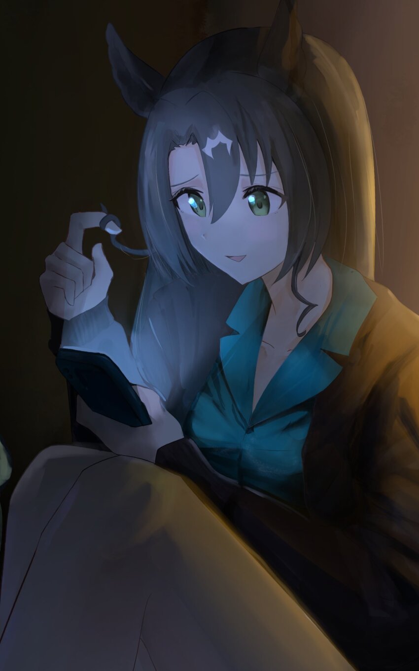 1girl, alternate_costume, alternate_hairstyle, animal_ears, black_hair, cellphone, denryoku_saboten, green_eyes