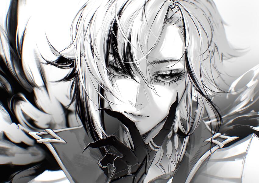 1girl, absurdres, arlecchino_(genshin_impact), black_eyes, black_hair, black_hands, close-up, closed_mouth, coat, colored_extremities, ericathw, genshin_impact, greyscale, high_collar, highres, looking_at_viewer, monochrome, multicolored_hair, solo, streaked_hair, symbol-shaped_pupils, white_coat, x-shaped_pupils