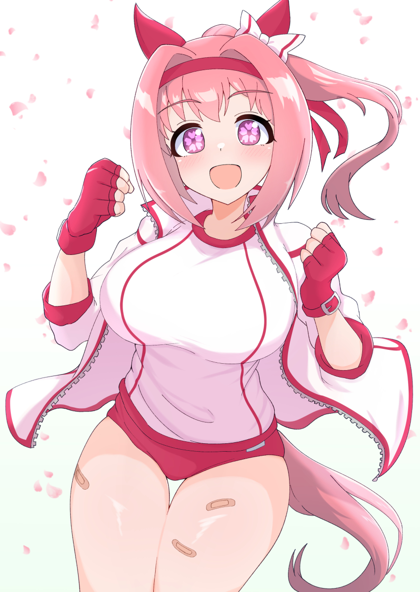 1girl, absurdres, aged_up, animal_ears, bandaid, breasts, clenched_hands, collarbone