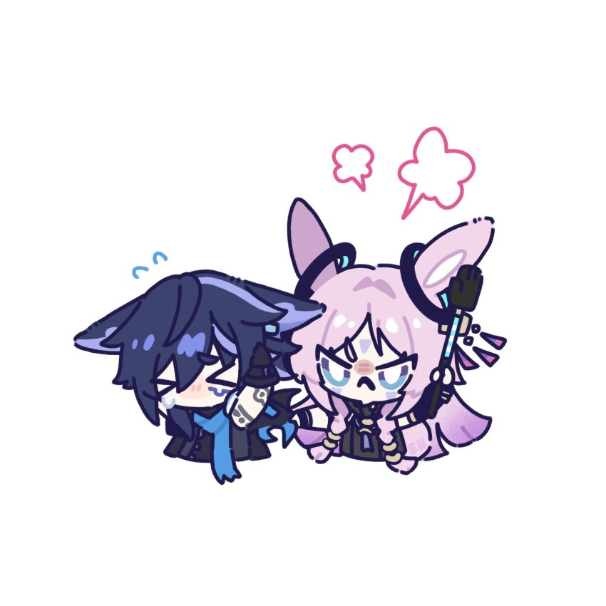 >_<, 1boy, 1girl, :<, angry, animal_ears, arm_up, armlet