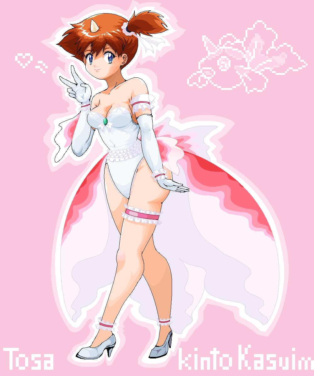 1girl, arm_garter, asymmetrical_hair, bare_shoulders, blue_eyes, blush, bow, breasts, brown_hair, cleavage, cosplay, elbow_gloves, frilled_thigh_strap, frills, gloves, goldeen_(cosplay), high_heels, highres, horns, jewelry, legs, leotard, looking_at_viewer, medium_breasts, misty_(pokemon), nintendo, orange_hair, pokemon, pokemon_(anime), pokemon_(classic_anime), pokemon_ep043, ponytail, rf_(aruehu), shoes, short_hair, side_ponytail, single_horn, smile, solo, standing, thigh_strap, thighs, v, white_gloves, white_leotard, white_shoes