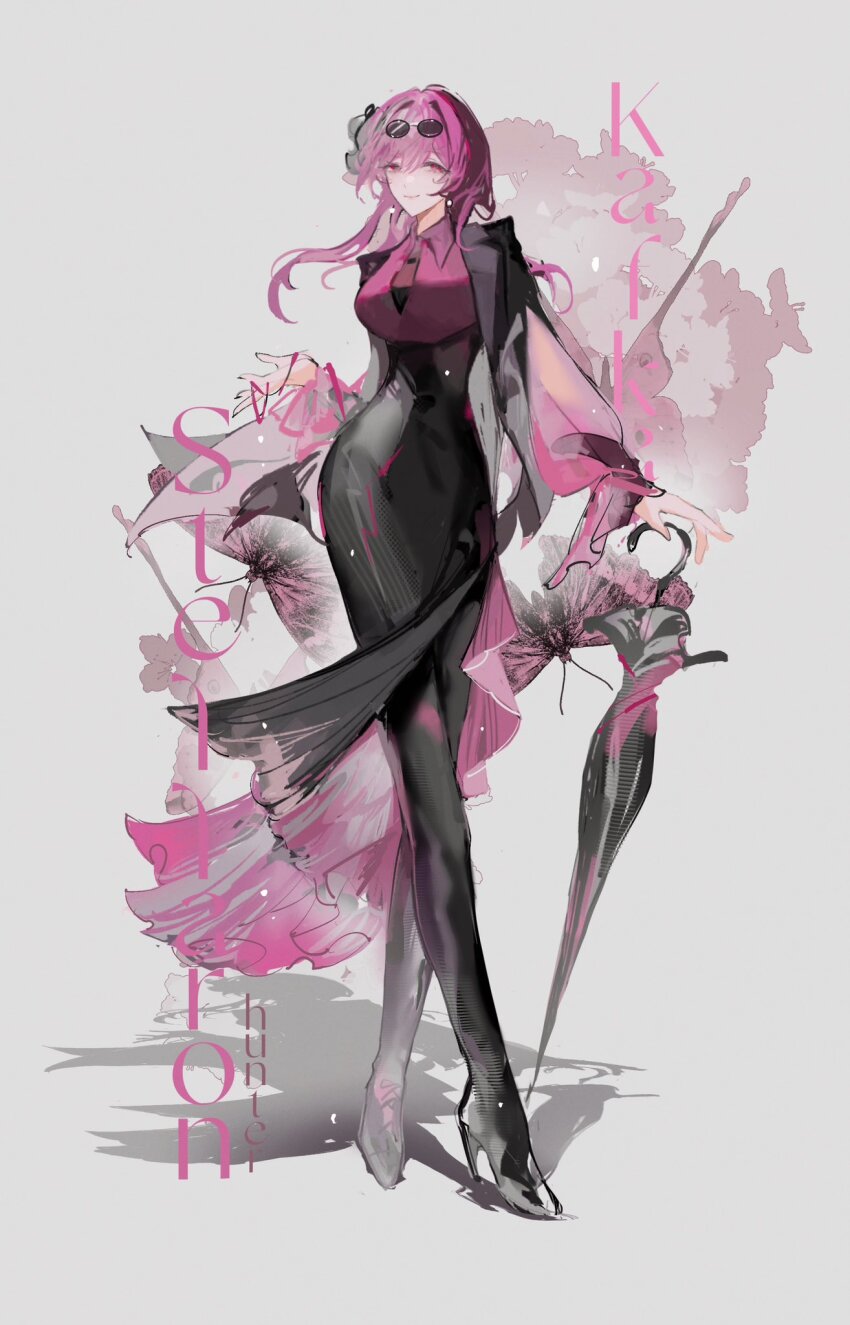 1girl, black_dress, black_footwear, black_jacket, black_pantyhose, breasts, closed_umbrella, d-aprken