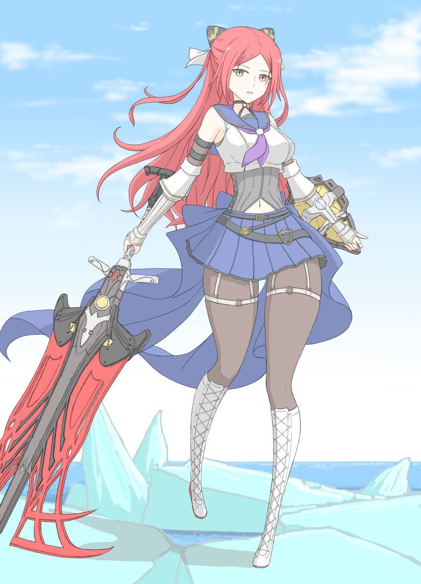 1girl, absurdres, arm_belt, arm_shield, arms_at_sides, assault_lily, bare_shoulders, belt